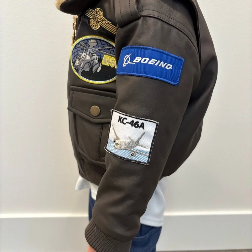 Kids Brown Aviator Patch Jacket -